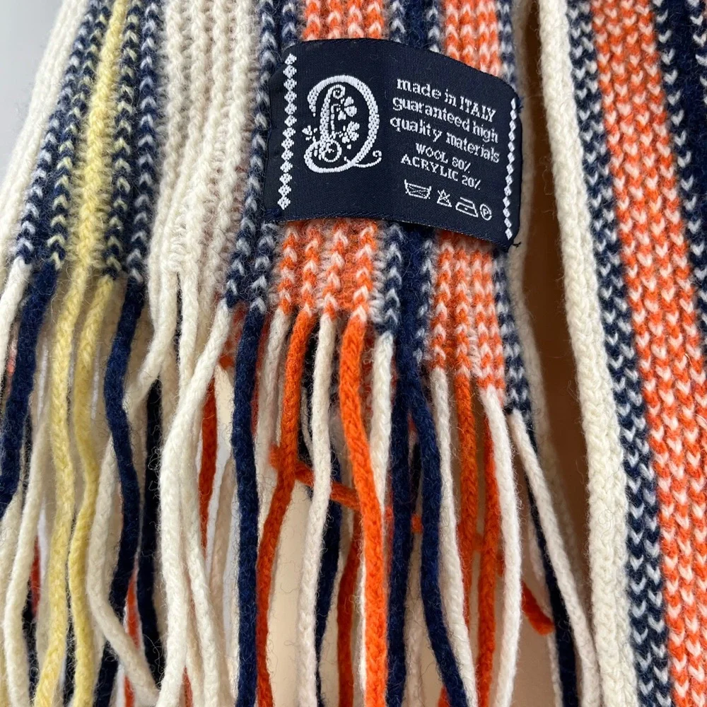 Multi color striped down fringe wool scarf fine textured knit